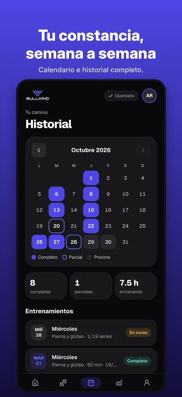 Historial en la app de Bullking: calendario mensual con entrenamientos completos y parciales, total de horas entrenadas y lista de sesiones