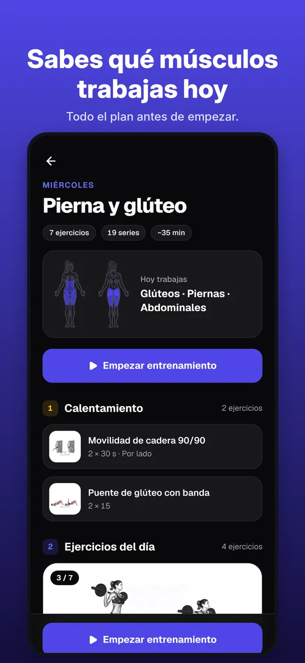 Vista del plan del día en la app de Bullking con los músculos que se trabajan, el calentamiento y el botón Empezar entrenamiento arriba y abajo